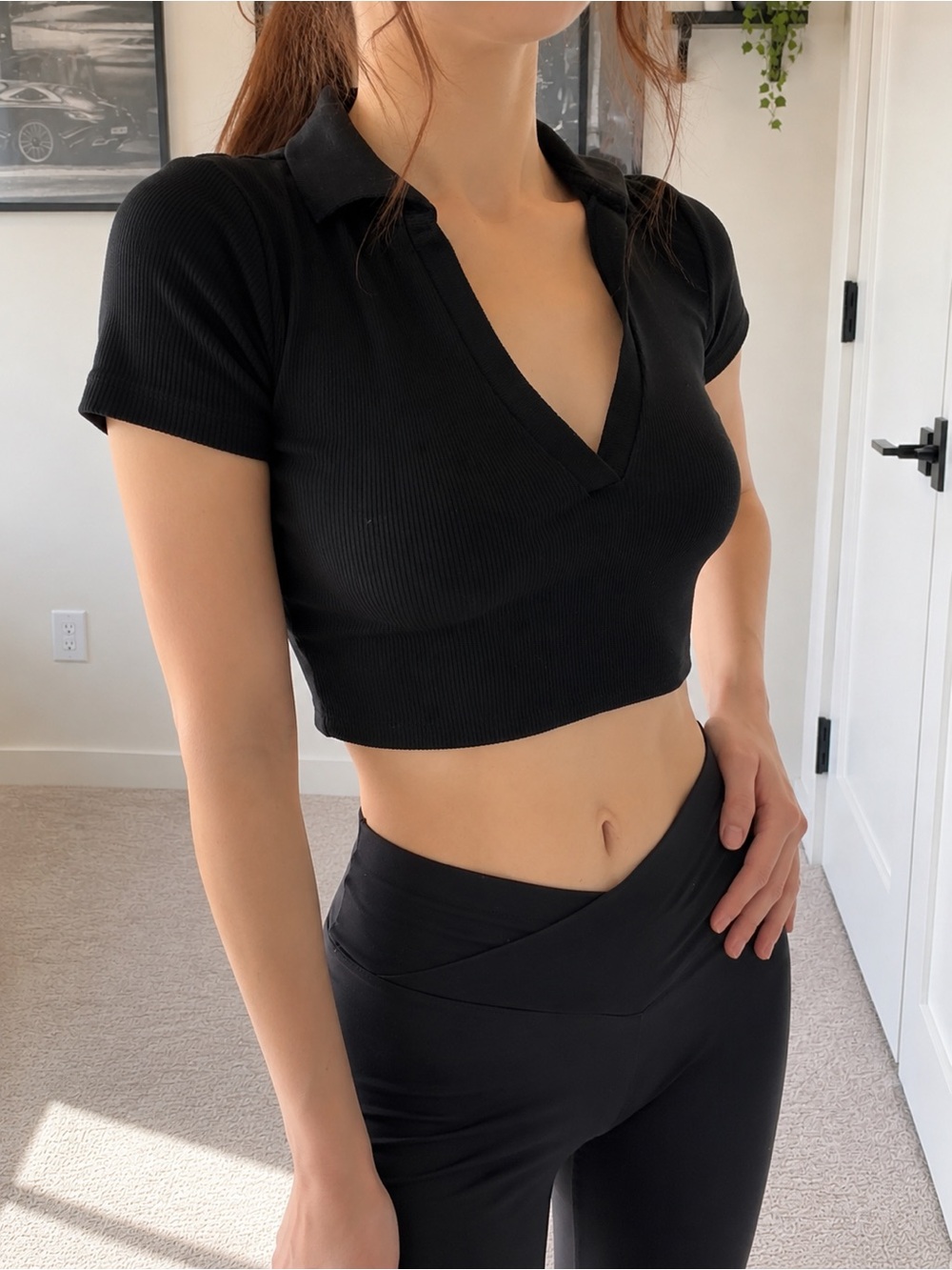 ZARA Black Ribbed Collared Crop Top | Fitted Y2K Tee 🍒